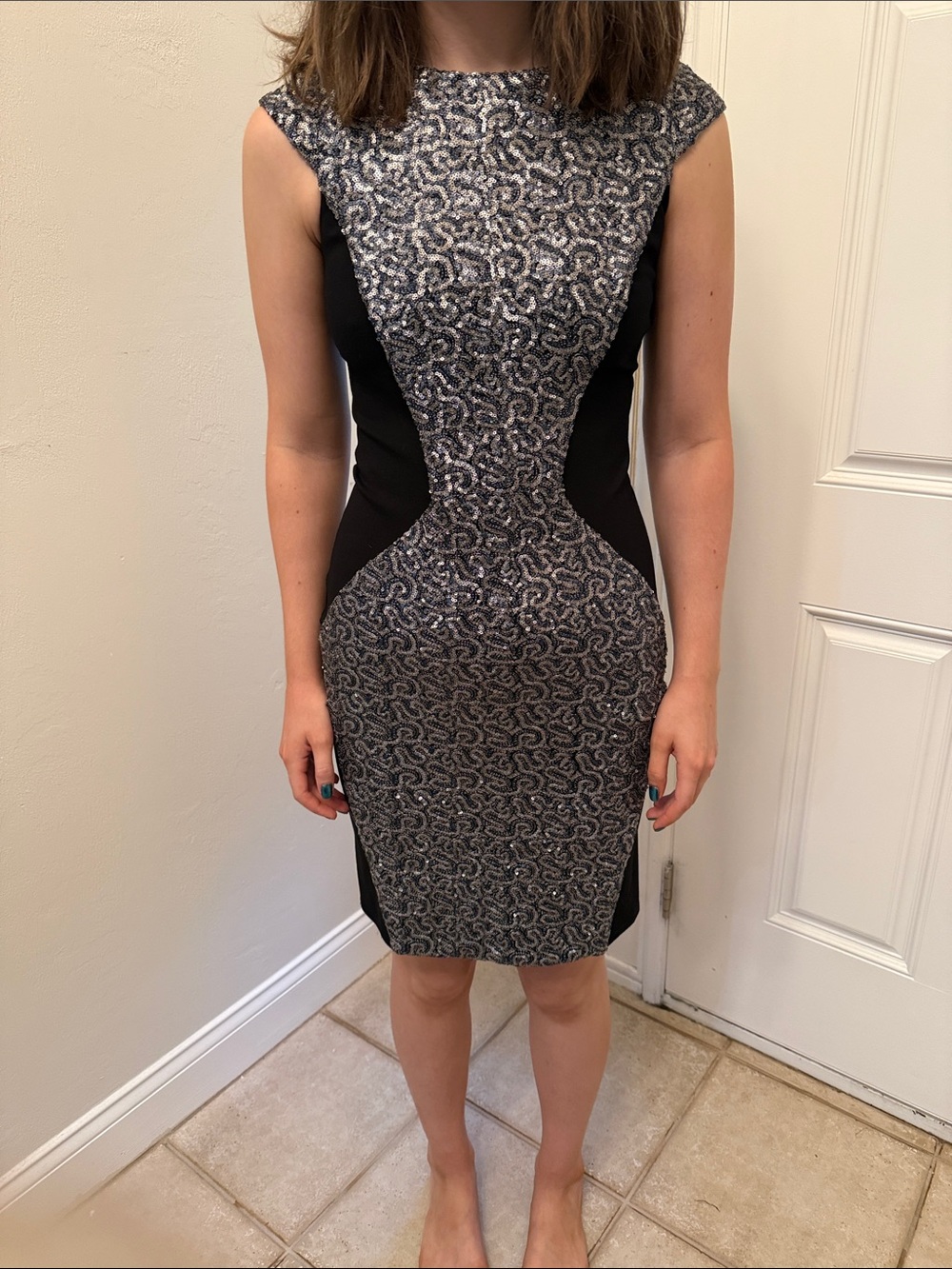 Closet Silver Sequin Embellished Dress with Black Side Panels Gold Zipper
